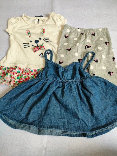子供服 ベビー 女の子 80 まとめ 3点 半袖 Tシャツ レギンス GAP チュニック デニム ワンピース ミニー うさぎ夏服