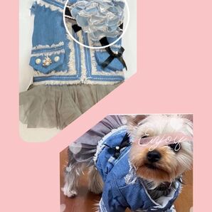 上品と可愛いを愉しむ ペット服 M サイズ ガーリーデニム 共色コサージュ