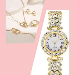 ブライダル 腕時計 ジュエリー 5点セット 金色 クロスハート 美しい輝き 上品と華やかさ
