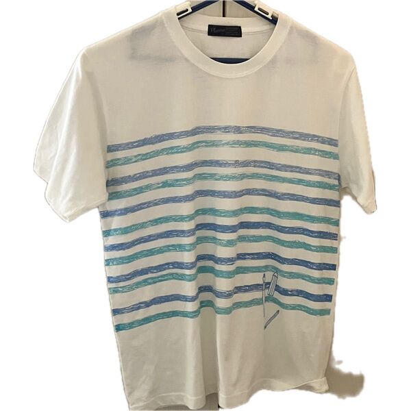 メンズ しまむら 半袖Tシャツ LLサイズ ホワイト/ブルー ボーダー 古着