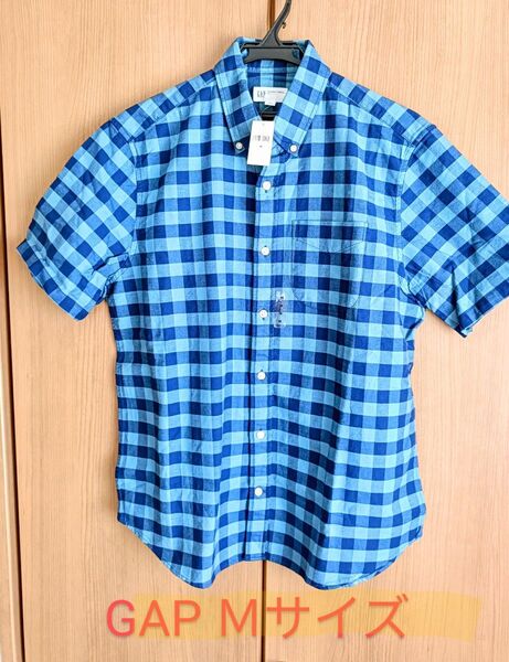 未使用 GAPメンズチェック半袖シャツ Mサイズ ブルー