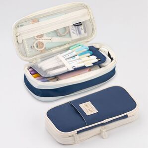 マカロンブルー 折ペンケース ネット収納袋 筆箱 大容量 おしゃれ