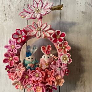 七五三 お正月リース 雛飾り フラワーリース ヘアピン付き ちりめん細工ハンドメイド