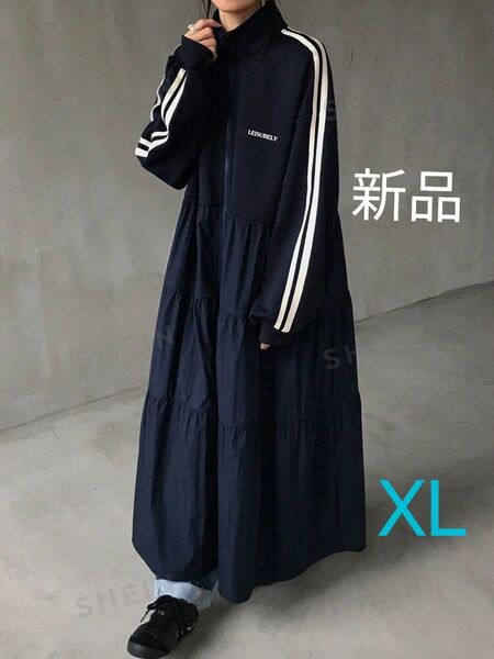 新品 タグ付き ウェスト異素材切り替えしワンピース 袖にライン入り ネイビー XL