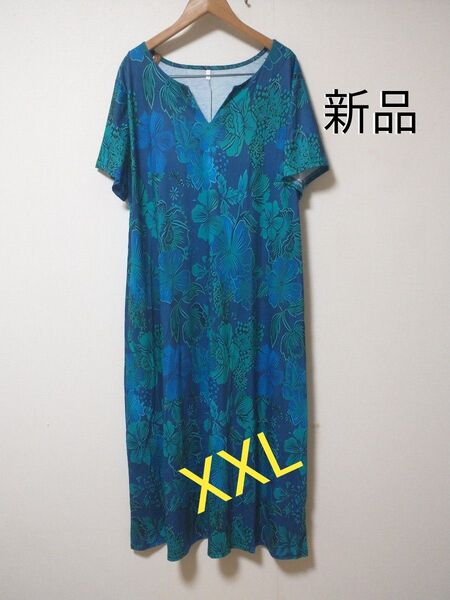 新品 花柄ブルー系ワンピース 両サイドインナーポケットあり XXL