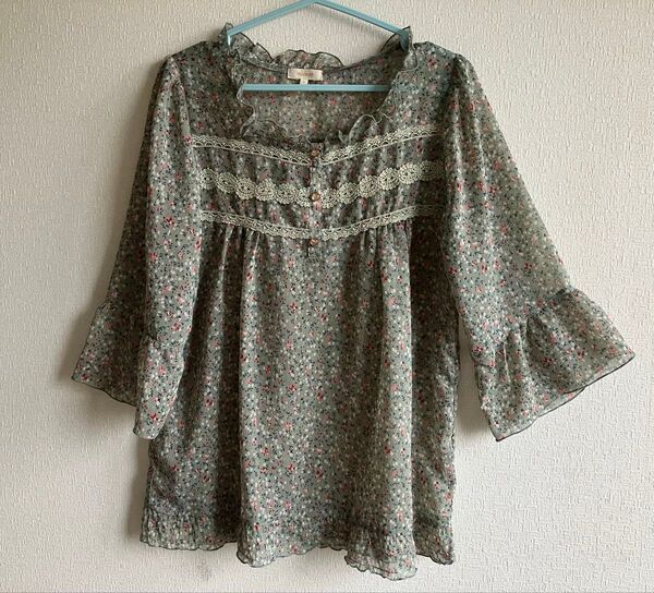 花柄シフォン五分袖チュニック Mサイズ グリーン