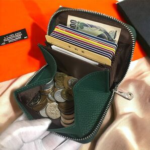 改良版 ミニ財布 メンズ レディース 牛床革 小銭入れ カードケース 緑 金運