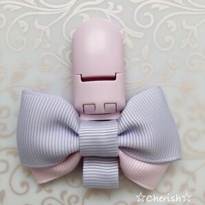 ☆リボン名札クリップ なふだちゃん ライトパープル×ベビーピンクリボン ハンドメイド☆