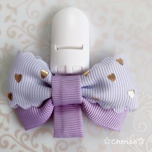☆リボン名札クリップ なふだちゃん ゴールドハート柄リボン×パープル色☆