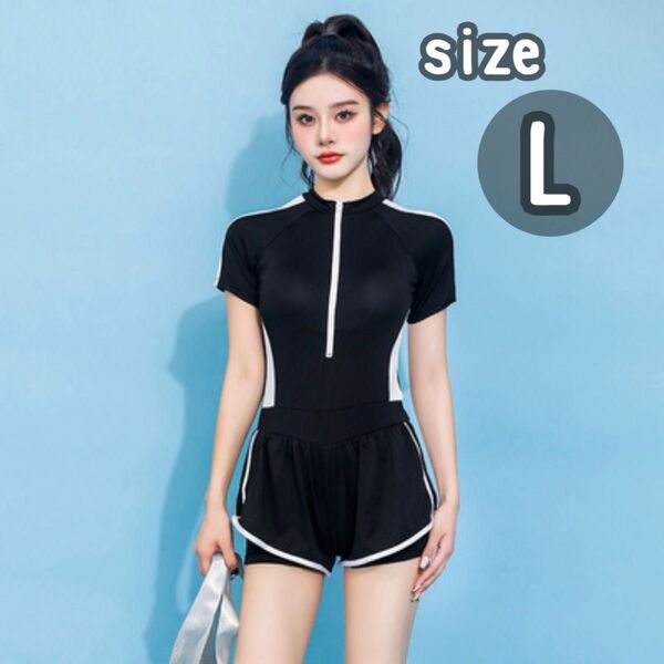 Lサイズ ブラック 黒 水着 ショートパンツ レディース シンプル 体型カバー