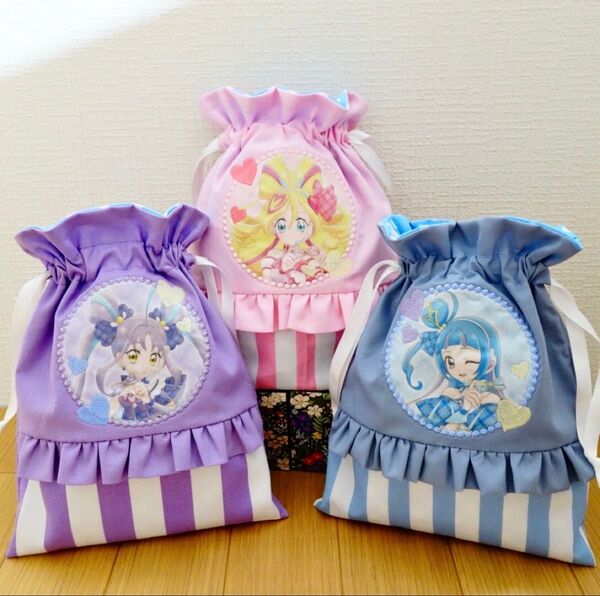 プリキュア 巾着袋 ハンドメイド キミとアイドルプリキュア お弁当袋 刺繍 キュアアイドル キュアキュンキュン キュアウインク