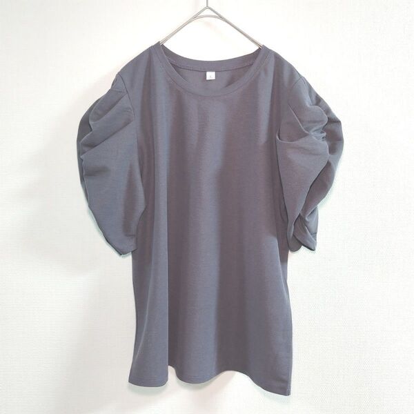 【美品】ボリューム ギャザー スリーブ カットソー トップス Tシャツ グレー L