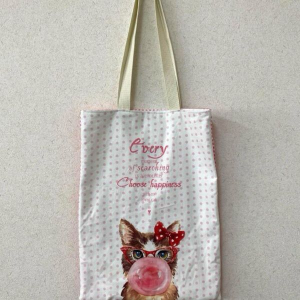 ハンドメイド お洒落猫ちゃんトートバッグ 大 ピンク