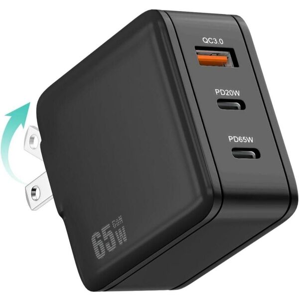 65W USB充電器 TypeC 急速充電 高速充電 PD対応 3ポートGaN 折りたたみ式プラグ 窒化ガリウム USB-C