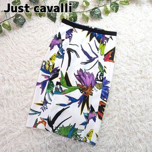 Just cavalli ジャストカヴァリ スカート 総柄 花柄 タイトスカート ひざ丈スカート スリット ボタニカル ホワイト