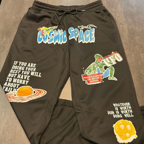 宇宙柄 スウェットパンツ メンズ 黒 ブラック プリント