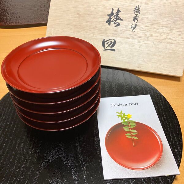 【未使用】越前漆 楪子 椿皿 古代朱 本漆塗 菓子 銘々皿 5客