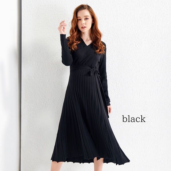 マタニティ ワンピース 長袖 プリーツスカート ウエストリボン付き ブラック喪服 ブラック