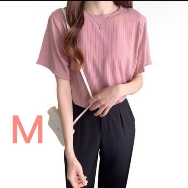 tシャツ レディース 夏 カットソー リブ 半袖 ニット トップス キレイめ
