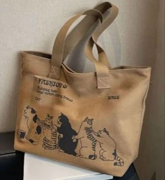 トートバッグ 猫柄 裏地あり 帆布 キャンバス ネコ柄 かた掛けバッグ カーキ 黒猫
