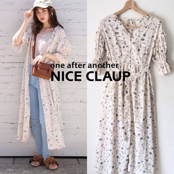 【NICE CLAUP】レトロ花柄ガウンワンピース 花柄 シャツワンピース ロングワンピース 半袖 アイボリー