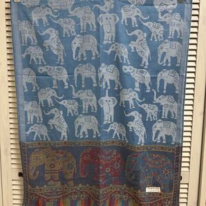 【Pashmina】 カシミヤ100% ストール 青色 象模様