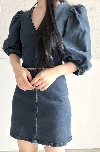 ZARA デニムワンピース パフスリーブ ミニワンピース ネイビー