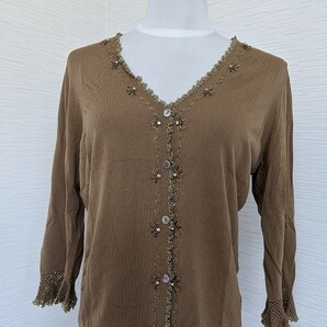 【送料無料】A131 ビジュー ビーズ フリル レース キラキラ ラインストーン カーディガン ニット キャラメルベージュ