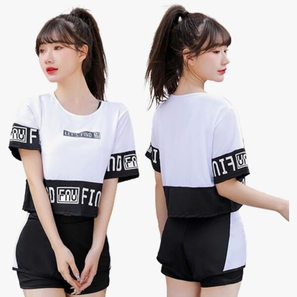 水着 レディース 体型カバー 3点セット uvカット セパレート パッド付き 韓国風 可愛い スポーティー水着 半袖ラッシュガード