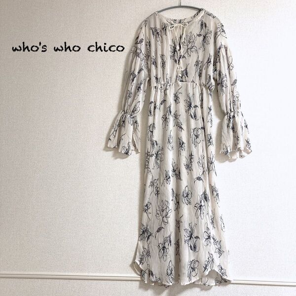 美品 who's who chico フラワープリント マキシワンピース 透け感