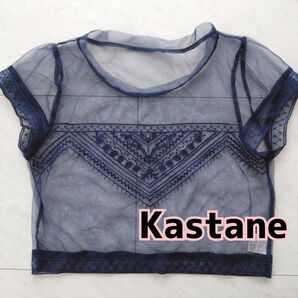 値下げ【新品】Kastane ネイビー シースルー クロップドトップス Tシャツ 刺繍 シースルートップス