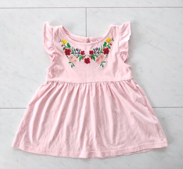 値下げ【新品】95サイズ ピンク フラワー刺繍 Tシャツ フリル付ノースリーブ 半袖 カットソー 女児 チュニック 女の子