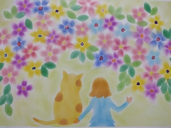パステル絵 女の子とネコちゃん 手描きのパステル画
