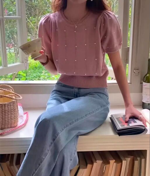 パール ピンク ニット 半袖 Tシャツ パフスリーブ
