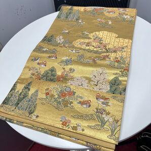 袋帯☆誰ケ袖屏風絵 おしどり 菊 あやめ 桔梗 桜 風景画 正絹