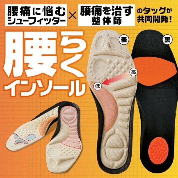 腰らくインソール MまたはLサイズ 腰痛対策 中敷き 衝撃吸収O脚 内側傾斜 疲れ