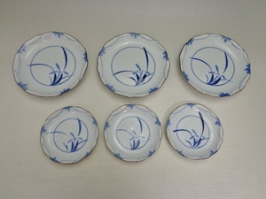 *[ storage / unused goods ] Japanese-style tableware peace plate medium-sized dish ×3& small plate ×3( total 6 pieces set ) orchid pattern *