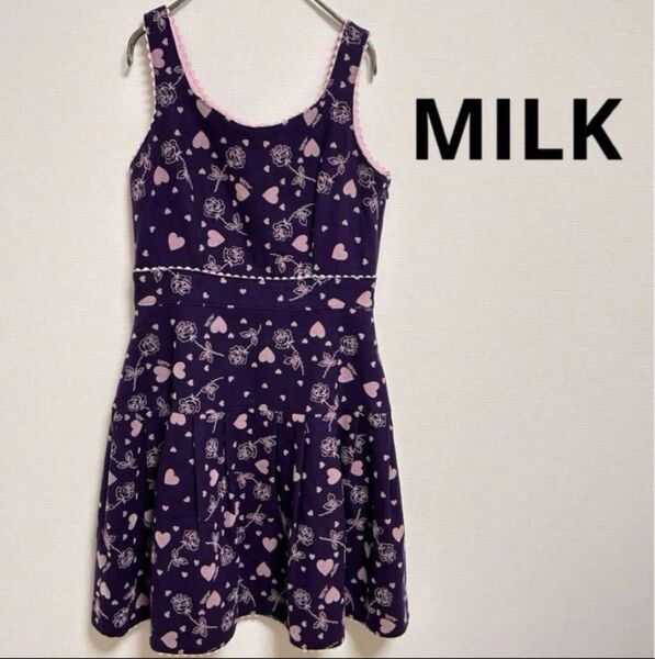 美品 MILK ミルク ワンピース ノースリーブ ハート 花 日本製 ウール混