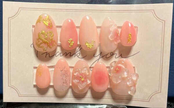 【送料無料】手作りネイルチップ 10本セット ピンク お花 金箔 ジェルネイル
