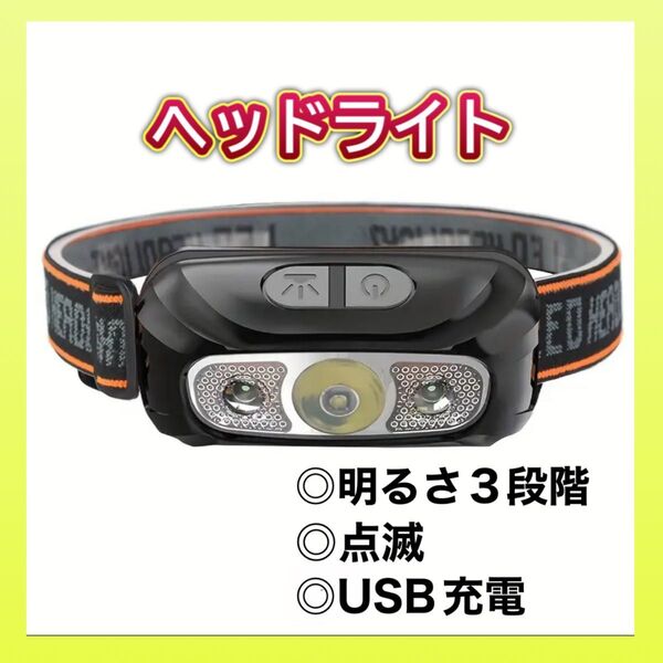 防災・アウトドア用ヘッドライト 手のひらサイズでパワフル!3段階の明るさ!点滅する!コンパクト 軽量 ハイキング 夜道の必需品