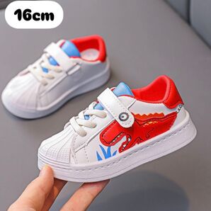 16cm 恐竜 スニーカー 靴 マジックテープ レッド 男の子