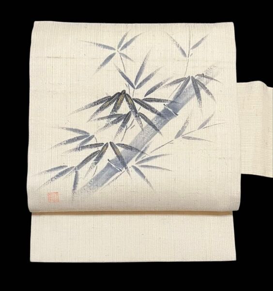 夏帯 粗紗紬 九寸名古屋帯 正絹 笹竹 作家落款 生成り系 美品 イ5520