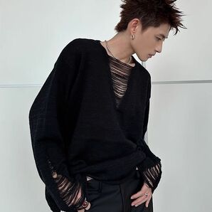 Sheer Destroy Knit 長袖ニット 黒 y2k hoodie 平成ファッション