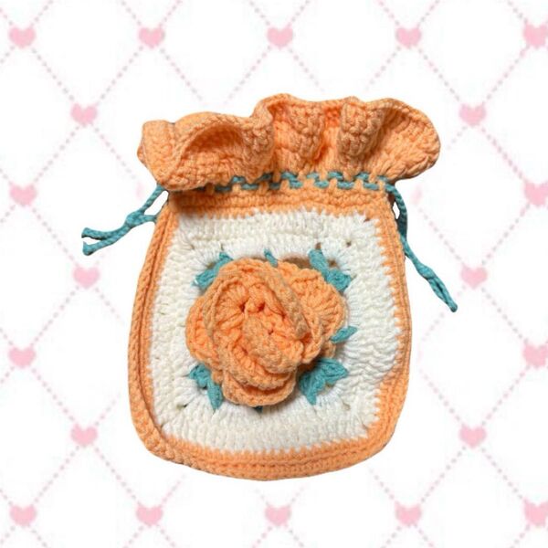 バラ 薔薇 巾着 編み物 かぎ針編み レトロ ハンドメイド ポーチ 手編み 小物入れ