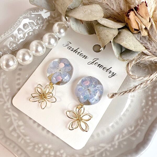 No.973 ハンドメイド 紫陽花 押し花 フラワー レジン ピアス イヤリング