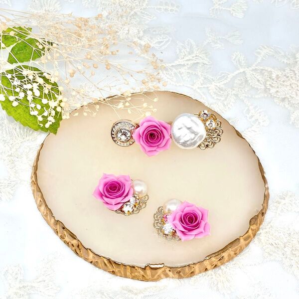 ピンクローズとパールピアス/イヤリング ヘアクリップの2点セット 樹脂粘土 ハンドメイドアクセサリー