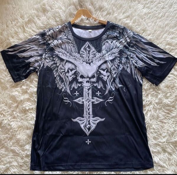 在庫処分 XL 新品 半袖Tシャツ ブラック スカル y2k クロス 両面プリント ポリエステル sk7