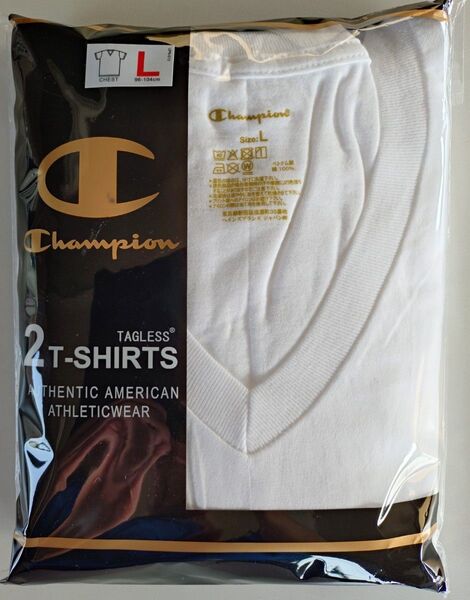 Champion タグレス Vネック 半袖 Tシャツ ホワイト 綿100% Lサイズ 2枚組 【新品・未開封発送】