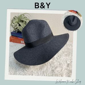 美品》B&Y キャセリーニ 麦わら帽子 ストローハット ユナイテッドアローズ 中折れハット 紺 大きい帽子 ハット 帽子