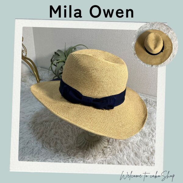 美品》ミラオーウェン Mila Owen 麦わら帽子 中折れ帽 ストローハット ナチュラル 帽子 ハット 紺リボン ネイビー